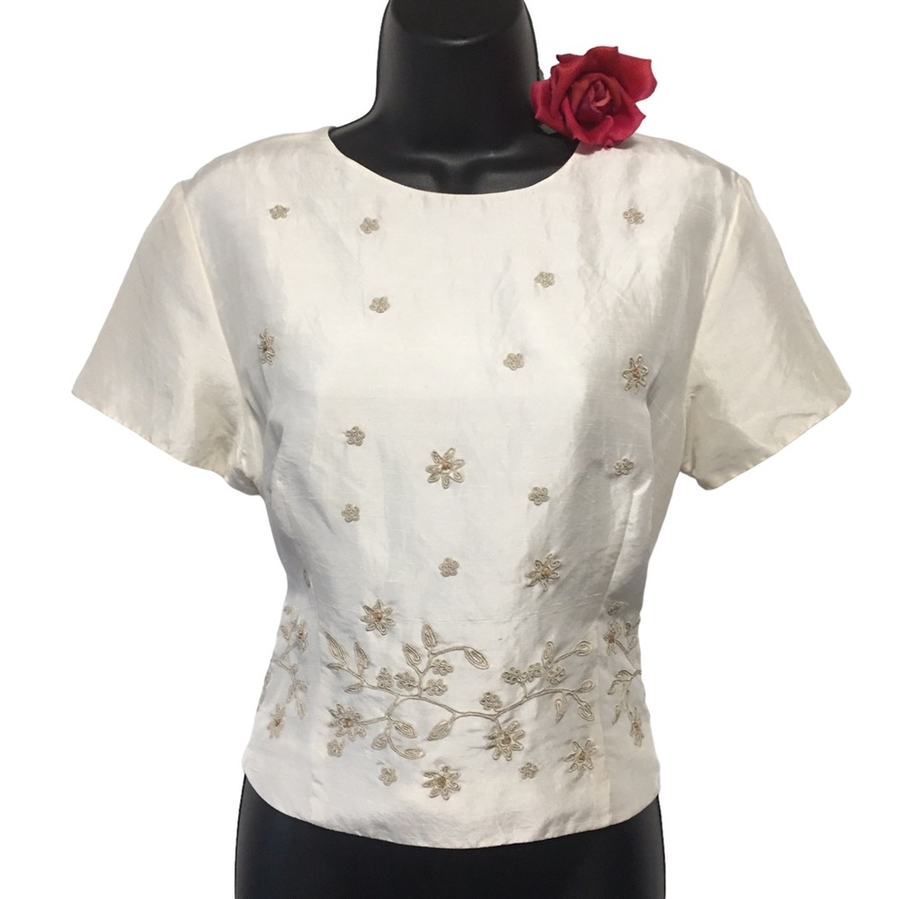 KAZU 100% Silk Embroidered Blouse Short Sleeve Cream Sz 12 VTG
